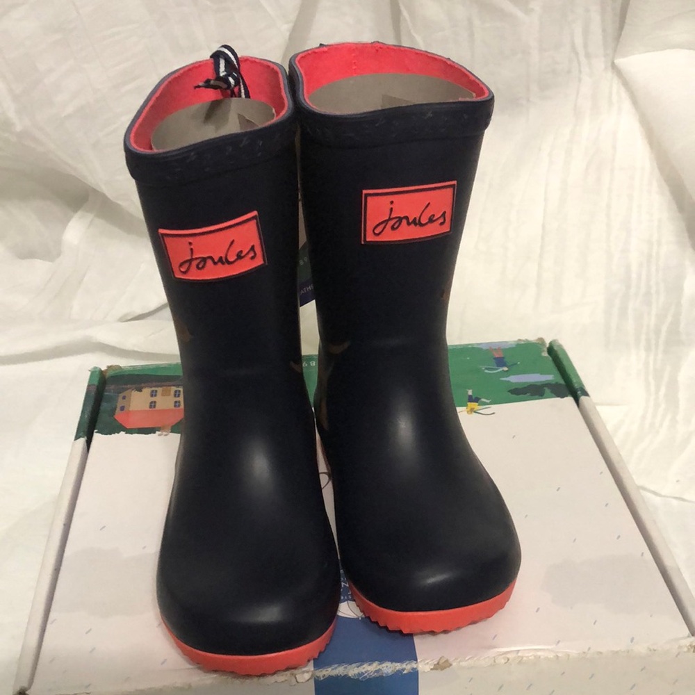 Joules Kids Navy Rain Boots with Coral Trim size 9 NWT